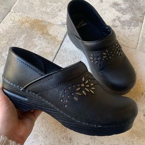 Dansko Black Leather Embellished Clog 38